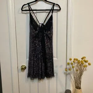 free people black sequin mini dress FREE PEOPLE FRIDA RUFFLE BLACK STRAPLESS SEQUIN MINI DRESS sz 2